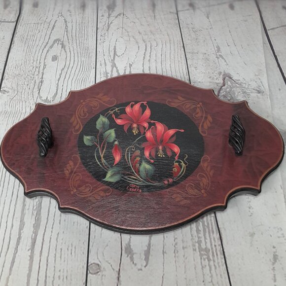 Wood Tray Hand Painted Floral Metal Handles Footed Artist Signed - Picture 2 of 11